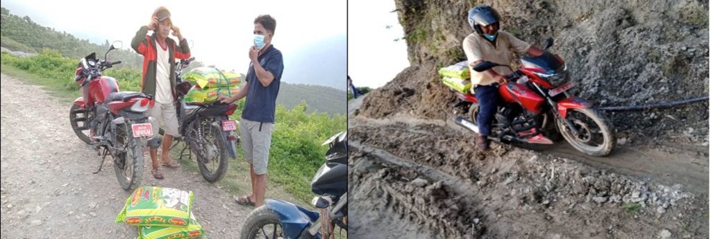 Transporting food relief items to villages by motorbike due to road damage 